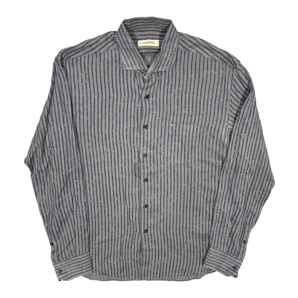 AteSeta 100% Linen Dress Shirt Striped Long Sleeve Blue 41 16 Large